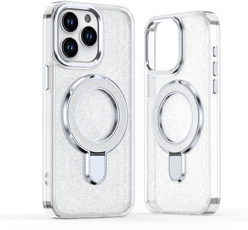 MinXpert Glitzer Hülle für iPhone 15 Pro, Glitzer Handyhülle mit Ring, kompatibel mit MagSafe, TPU-Acryl-Hülle, mit magnetisch Ständer Ringhalter, Glitter Case, stoßfest, Kratzfest, Silber
