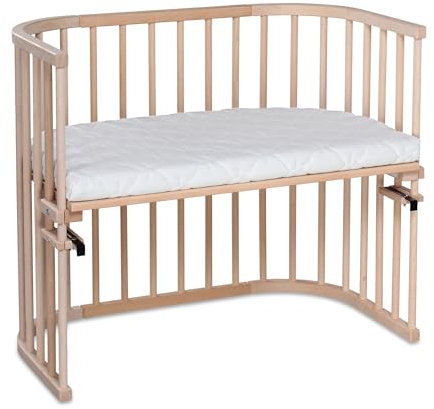 babybay Maxi extra großes Beistellbett aus massivem Buchenholz/Kinderbett Höhe stufenlos verstellbar & umweltfreundlich/mit Matratze, Gitter, Rollen (Natur unbehandelt)