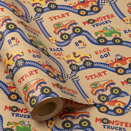 RUSPEPA Boys Birthday Kraft Wrapping Paper Roll, Mini Roll, 43.2cm x 5m, Gift Wrapping Paper with Monster Trucks and Animals Pattern Great for Kids, Birthday Party and Holiday