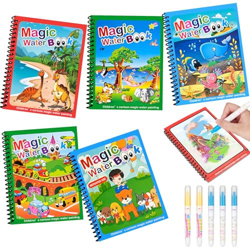 Januts 5 Pièces Livre de Dessin Magique de l'eau Coloriage Réutilisable Graffiti Livre Magique à l'eau Animaux Thèmes Livres de Coloriage à l'eau Garçons et Filles avec des Stylos, C