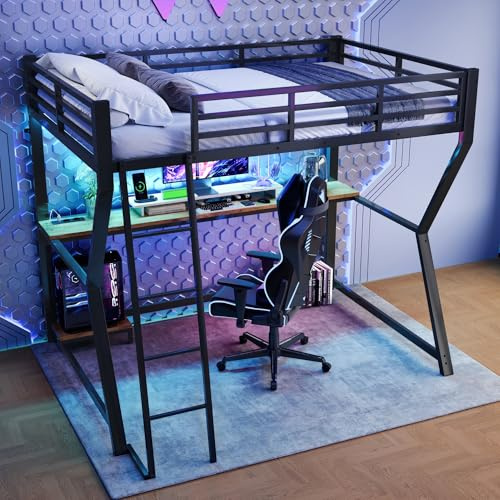 KecDuey Lit mezzanine, 90 x 200 cm, en métal, avec lumière d'ambiance télécommandée, cadre de lit avec console d'ordinateur, bureau, prise de courant + USB, balustrade, escalier, sans matelas (noir,