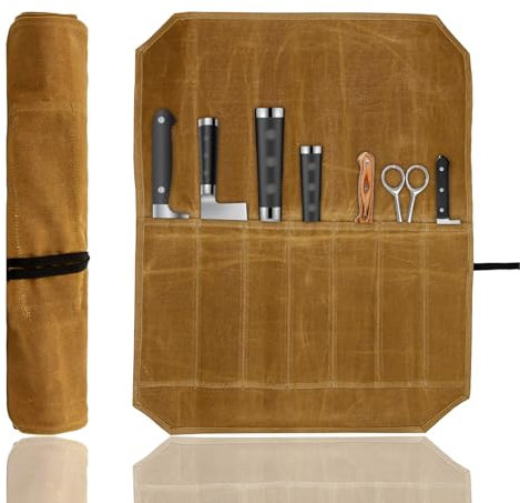 Bolsa enrollable para cuchillos de cocina caqui, bolsa de almacenamiento para cuchillos de cocina, rollo de cuchillos con 7 compartimentos, bolsa portátil para cuchillos de cocina