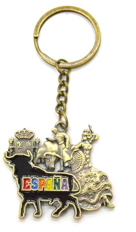 WONDERFUL Dekorativer Schlüsselanhänger Spanien mit Stier und Flamingo, traditionelles spanisches Design, vergoldetes Metall, silberfarben, S