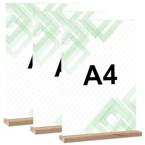 3 Stück A4 Tischaufsteller aus Acryl, Doppelseitiger Flyer Aufsteller mit Holzfuß – Plakatständer für Speisekarten, Poster, Flyer, Werbung – Ideal für Restaurant, Café, Büro, Einzelhandel, Messe