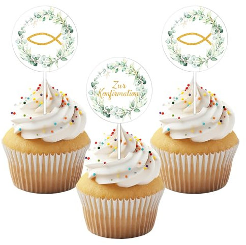 Tortendeko Konfirmation, 30 Stück Cake Topper Konfirmation, Zur Konfirmation Cake Topper, Fisch Eukalyptus Cupcake Torte Deko, Dekoration für Junge Mädchen (Cake Topper Konfirmation)