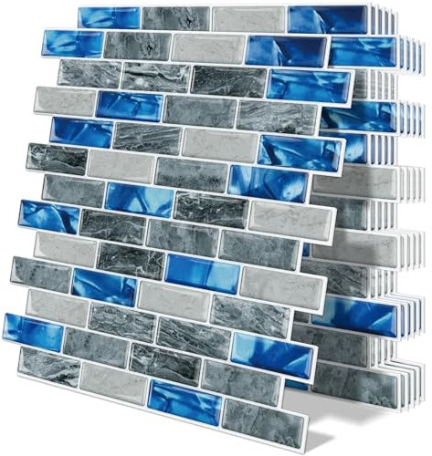 Tiwoos Thick Kitchen Peel and Stick Wall Tiles Self Adhesive 12×12 Splashback 3D Marble Blue for Bathroom (10-Sheet)