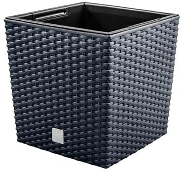 Square Rattan-Effect Planter with Removable Insert, Decorative Garden Pot, Black 32cm x 32cm