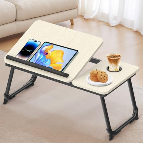 Huracan Laptoptisch fürs Bett, Betttablett Laptop Tisch für Couch mit Anti-Rutsch-Streifen, Bett Tisch Laptopständer klappbar, 5-Stufen Neigungsregelung, Laptop ständer für Bed Sofa, Ahornfarben