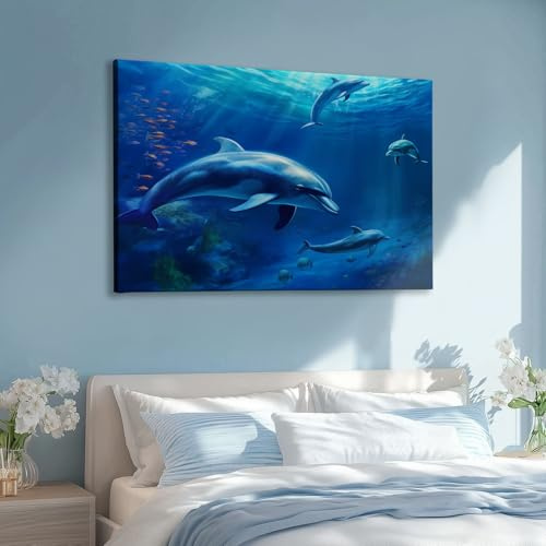 Großes Leinwandbilder Wandbilder Meeresleben Delfine bild auf leinwand Wandkunst Modern Aesthetic XXL Kunstdruck Deko für Wohnzimmer Schlafzimmer Geschenk 90 x 60 cm