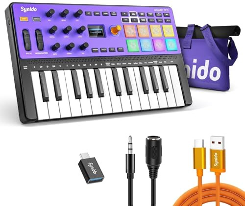 Synido TempoKEY W25 - Controller per tastiera MIDI USB a 25 tasti | Ricaricabile, 8 pad batteria, 9 manopole infinite assegnabili, schermo OLED, MIDI In/Out/Thru, BT per viaggi e studi
