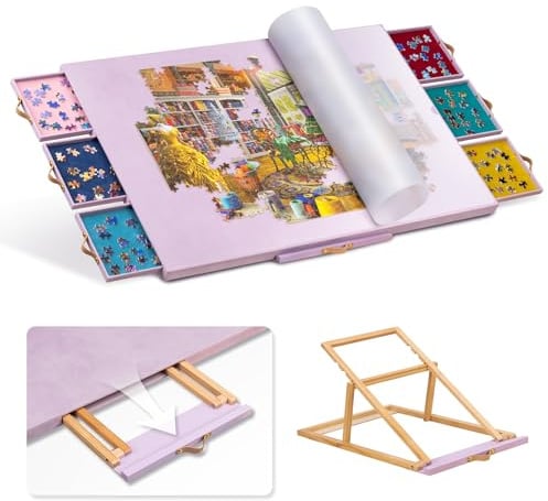 Jigpal Puzzletisch mit verstellbarem Ständer/Halterung und Abdeckplatte, tragbares Puzzlebrett, DREI Neigungswinkel und sechs Sortierboxen, rutschfeste Flanellmatte, fasst bis zu 1500 Teile