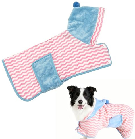 HELAIMAY Color Block Absorbent Pet Bathrobe, Soft Bath Towels Hooded Robe for Dogs and Large Cats, Puppy Washable Adjustable Belly Strap Fast Drying Coat, 1 Piece