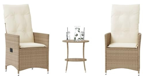 QUAHEAS 3-TLG. Bistro-Set mit Kissen, Beige Poly Rattan, verstellbare Relaxsessel, Gartentisch, UV-beständig, wetterfest, für Garten, Balkon & Terrasse