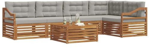 vidaXL Outdoor-Sofagarnitur mit Kissen 6 pcs Natürlich und Hellgrau, Gartenmöbel, modernes Sofaset, Robustes Lounge-Set, gemütlicher Terrasse-Bereich zum Entspannen