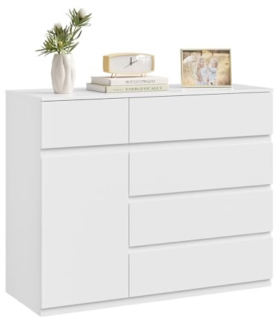 WOLTU Kommode weiß, mit 5 Schubladen, 1 Schranktür, Schubladenschrank | mit verstellbarer Ablage, für Wohnzimmer Schlafzimmer Flur, 100 x 80 x 40 cm