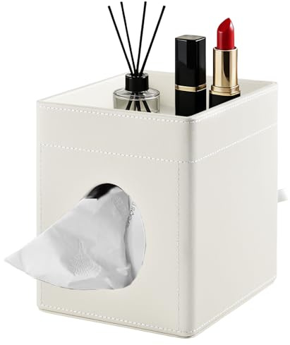 XNONE Tissue Box Cover,PU Leather Square Tissue Box Holder with Storage Tray for Bathroom Vanity Countertop Night Stands Bedroom Office Desk,Stylish Tissue Holder Decorative Organizer (Cream White)