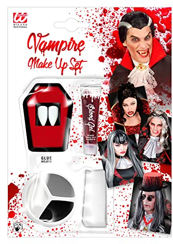 W WIDMANN MILANO Party Fashion 4100V - Make-Up Set Vampir, 2 Eckzähne zum Kleben im Sarg, Blutgel 3 ml, 3 Make-Up Farben 4,5 ml, Schwämme, Mottoparty, Karneval, Halloween