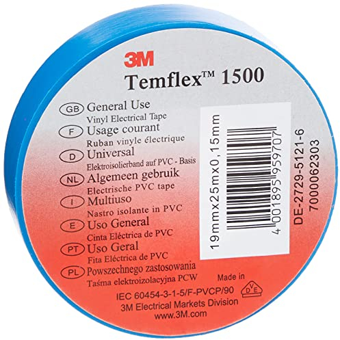 3M Temflex TBLA1925 Temflex 1500 Ruban isolant électrique en vinyle Bleu 19 mm x 25 m 0,15 mm