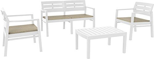 Outdoor-Lounge mit 2 Sesseln 1 Sofa 1 Couchtisch mit Kissen, Made in Italy, weiße Farbe