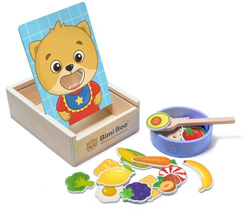 Bimi Boo Wooden Feeding Toy - Montessori Scooping & Fine Motor Toy for Toddlers 1-4 | Speech Therapy & Occupational Therapy Pretend Play Food Set | 27 Foods, Spoon & Bowl