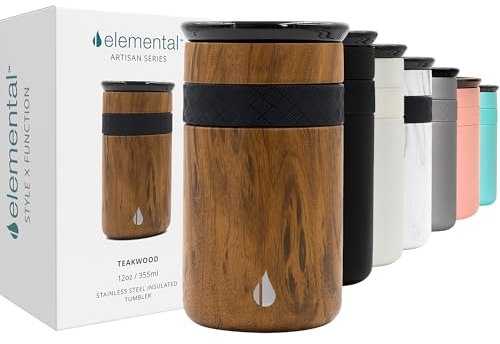 Elemental Artisan Insulated Tumbler - Triple Wall Coffee Travel Tumbler, Reusable Stainless Steel Coffee Tumbler with Ceramic Lid - & Cold (18 Hrs)- Teak Wood -350ml