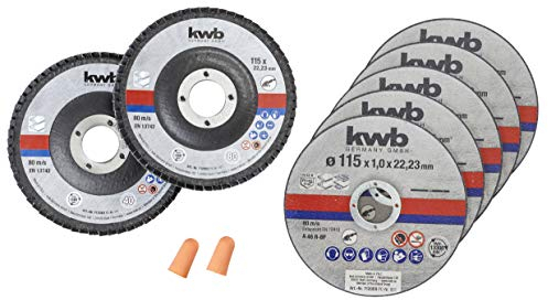 kwb 712051 Dünn Schleif Winkelschleifer f. Edel-Stahl Inox in Aufbewahrungs-Dose inkl. Ohrstöpsel ABM, Trennscheiben plus Schleifscheiben, Ø 115 mm
