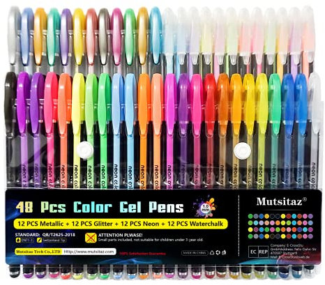 Mutsitaz 48 Packs Color Gel Ink Pens Set for Adult Colouring Books,Drawing,and Writing Manga Markers with 1.0mm Tip (12 Metallic,12 Glitter,12 Neon,12 Water Chalk)