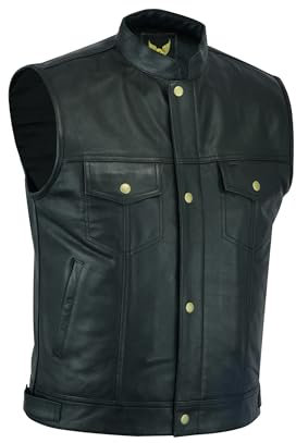 Leatherick SOA Gilet da motociclista in vera pelle da uomo in pelle con bottoni aperti per equitazione e gilet con taglio alla moda (XL - EUR56)