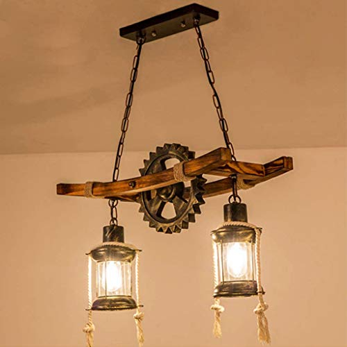 AHQX Vintage Lampada A Sospensione E27*2 Legno Massello Regolabile Luci Pendenti Retrò Ciondolo Lampada Di Illuminazione Restaurant Café Bar Scala in Ferro Battuto Ingranaggi Lampadario Plafoniera