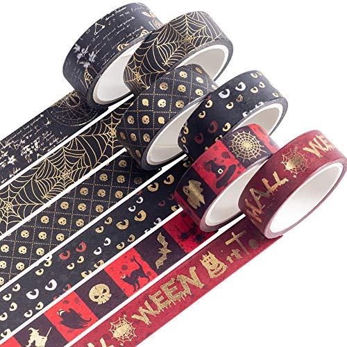 Yubbaex Halloween Washi Tape Set Goldene Foliendruck Masking Tape 6 Rollen Dekoratives Klebeband für Scrapbooking, Bullet Tagebuch, Planer, Geschenkverpackung, Urlaubsdekoration 15 mm Breit