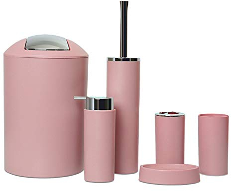 Generic 6X 6 Piece Bathroom Accessory Set, Toilet Brush, Waste Bin, Soap Dish, Tooth Brush Holder Soap Dispenser, Rinse Cup - Pink, As Described