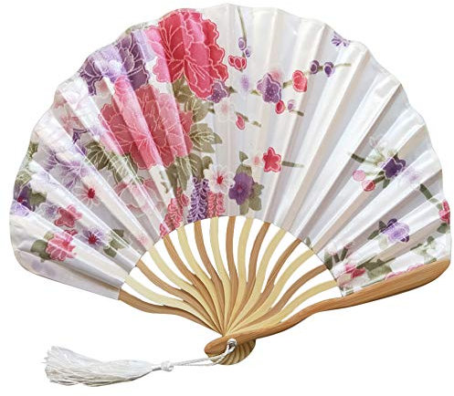 1SourceTek Silk Hand Held Folding Fans 8.27 inches (21cm) Women Hand Held Folding Fans With a Fabric Sleeve Protection for Gifts - Chinese Retro Style (White)