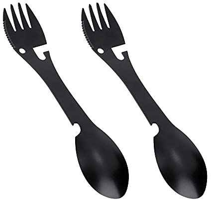PWPAM 5 in 1 Stainless Steel Outdoor Cutlery - Spoon Fork Knife Bottle Can Opener for Camping Hiking Travel Multi-Purpose Cutlery (Black x 2)
