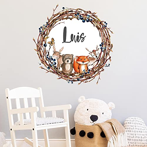 Waldtiere mit WUNSCHNAME V279 Wandtattoo personalisierbar Aufkleber Sticker Kinderzimmer Namensaufkleber Name Wunschnamen Türaufkleber Kranz (40 x 40 cm)