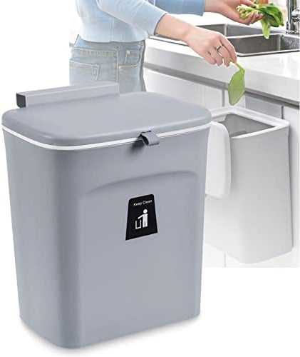 SENENQU Hanging Trash Can with Sliding Lid, 9L Door Mounted Cupboard Bin for Kitchen, Plastic Hanging Bin Waste Bin for Bathroom Bedroom Office Motorhome - Grey