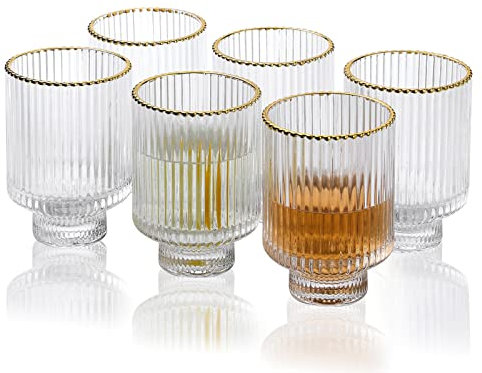 G Meridian Tumbler Glasses set of 6, 11.5 oz Clear with Gold Rim Durable Drinking Highball Cup for Water Soda Juice Milk Coke Beer Spirits Iced Beverage Vintage Style Home Office Desk Everyday Use