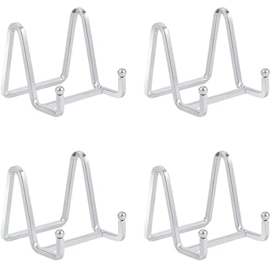Soporte Platos Mesa Caballete Expositor - 4 Piezas Plata Soportes para Platos Decorativos - Soporte de Placa para Exhibicion - Caballetes de Hierro Para Marcos de Fotos | Libros | Arte - 3 Pulgadas