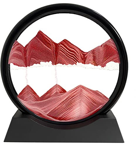 SANDCLE Peinture de Sable Mobile - Cadre Sablier, Images de l'art du Sable en Mouvement, Sable Dynamique dans un Verre Rond, 3D Sable de Paysage pour le Bureau Maison Décoration(Rouge, 12 Pouces)