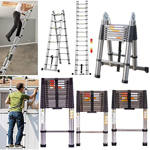 8.5ft/2.6M Telescopic Ladder Multi-Purpose Extension Loft Ladder Stainless Steel Extendable Portable Folding 9 Step Ladder with Spring Loaded Locking Mechanism, Max Load 150kg/330lb