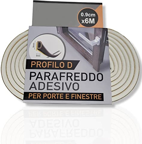 Profilo adesivo paraspifferi parafreddo per porte e finestre 0.9 cm x 6 metri isolamento termico (Profilo D, Bianco)