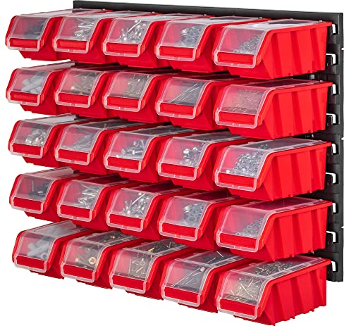 KADAX Werkstattregal, 58x39cm Werkzeugwandregal aus robustem Kunststoff, UV-Resistentes Lagersystem, Erweiterbare Wandplatten, Werkstattwandregal für Garage (Rot, 25 tlg.)