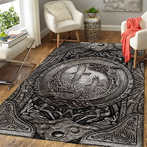 Wohnzimmer Teppich Schlafzimmer Bettvorleger Wikinger Runen Totem keltischem Knoten Muster Flanell zottelig weich Teppiche für Kinderzimmer Anti-Rutsch Unterseite waschbarer Teppiche 160x230 cm