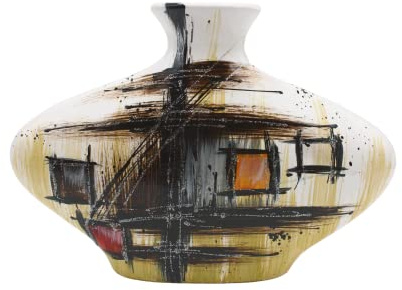 Ovale Keramik Vase mit abstraktem Muster, schwarz/braun/Silber, Handarbeit, Größe: L/B/H ca. 7 x 30 x 20 cm