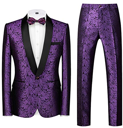 DAIHAN Uomo Slim Fit Abito da Smoking a Due Pezzi Jacquard Paisley Monopetto Giacche e Pantaloni Eleganti Formale da Matrimonio Abiti da Pranzo Viola M