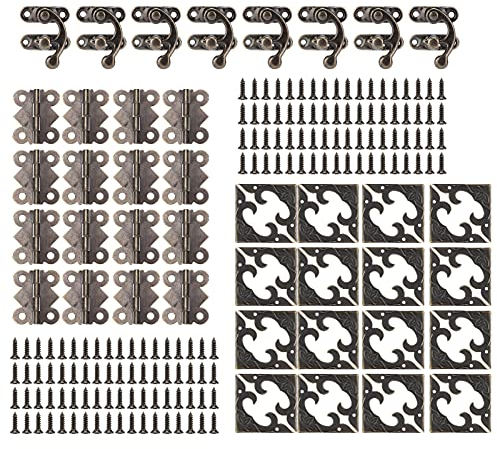 ANKROYU Mini-Türschloss Mit Antikem Verschluss, Satz Schrankgriffe, Möbelknöpfe, Box-Hardware, Eisen, Vintage-Verschluss, Schloss, Scharniere, Eckschutz, Dekoratives Verpackungsset