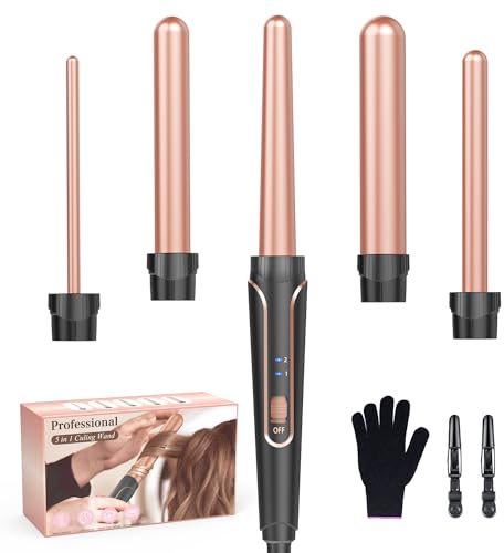 Juego de Rizadores Plancha Ondulada 5 en 1 - Rizadores de Pelo de Cerámica con Varios Accesorios Ajuste de Temperatura Calentamiento Rápido con Guante y 2 Clips