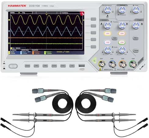 HANMATEK Oscilloscopio Digitale,4 Canali, 110 MHz, 1GS/s, 7 pollici TFT, 6 Bit, 2ns/div~1000s/div, Super-silenzioso, Oscilloscopio Portatile, DOS1104