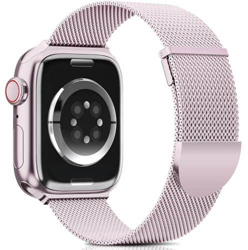 Higgs Ersatzarmband Kompatibel mit Apple Watch Armband 46mm 45mm 44mm 49mm 42mm Damen/Herren, Dual Magnet Einstellbar Armbänder für iWatch SE Series 10 9 8 7 6 5 4 3 2 1, Hellrosa Edelstahl Metall