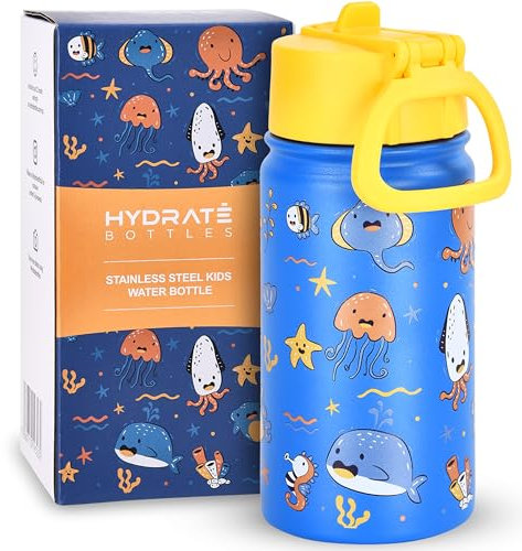 HYDRATE Stainless Steel Water Bottle Kids - 400ml - Leakproof - Safe to Use - Easy Grip for Children - Double Walled - Includes Fun Animal Number Design - 18 x 9 cm - Sea Animal