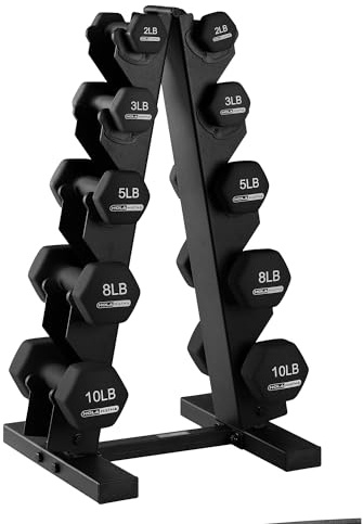HolaHatha 2, 3, 5, 8, and 10 Pound Neoprene Coated Grip Hexagon Dumbbell Weight Set with Storage Rack Stand for Various Strength Training Workouts